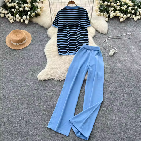 Striped Knitwear & Wide-leg Trousers 2Pcs