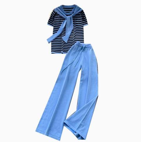 Striped Knitwear & Wide-leg Trousers 2Pcs