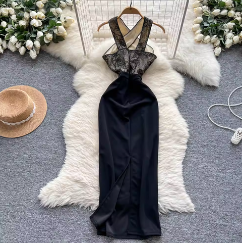 Elegant Embroidered Black Halter Dress