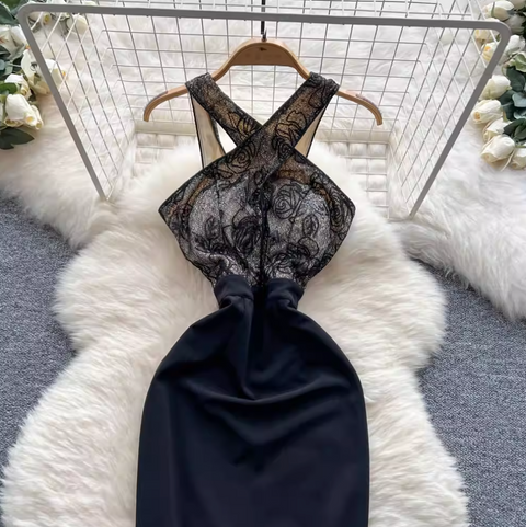 Elegant Embroidered Black Halter Dress