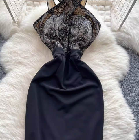 Elegant Embroidered Black Halter Dress