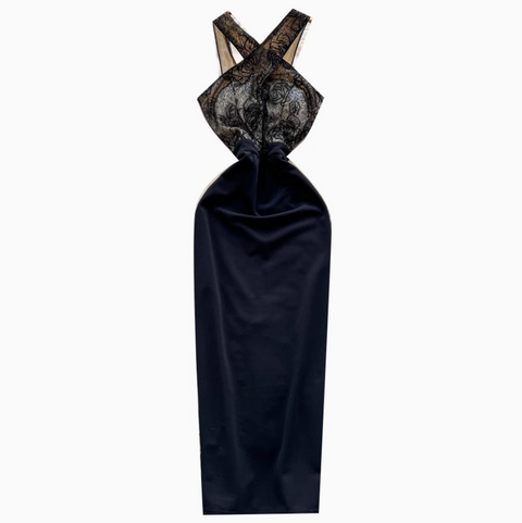 Elegant Embroidered Black Halter Dress