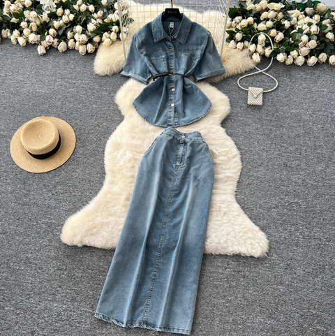 Denim Shirt & Split Skirt Chic 2Pcs