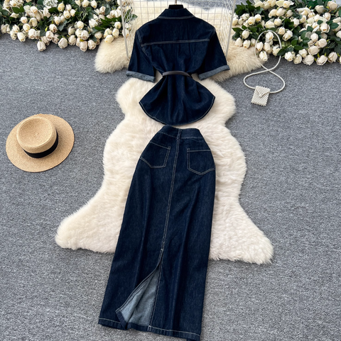 Denim Shirt & Split Skirt Chic 2Pcs