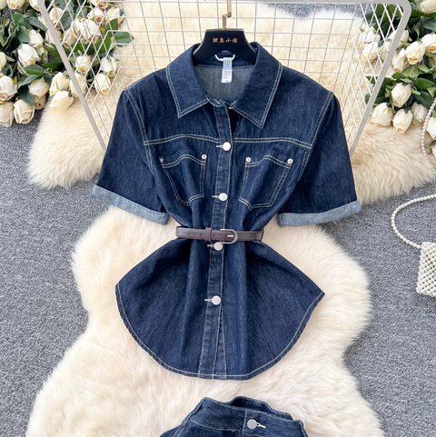 Denim Shirt & Split Skirt Chic 2Pcs
