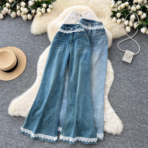 Korean Style Lace Trim Flared Jeans