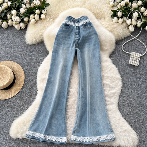 Korean Style Lace Trim Flared Jeans