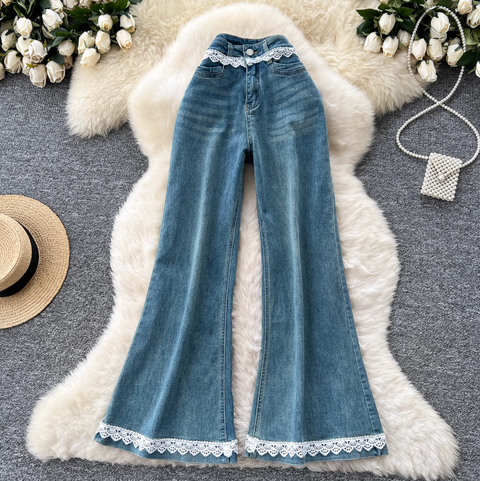 Korean Style Lace Trim Flared Jeans