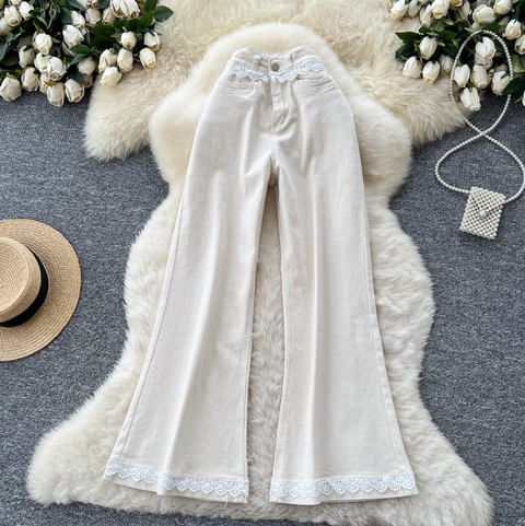Korean Style Lace Trim Flared Jeans