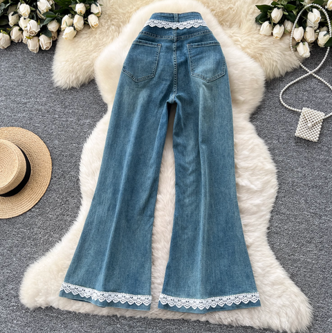 Korean Style Lace Trim Flared Jeans
