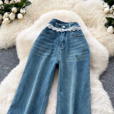 Korean Style Lace Trim Flared Jeans