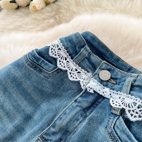 Korean Style Lace Trim Flared Jeans