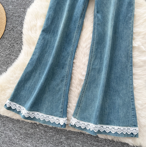 Korean Style Lace Trim Flared Jeans