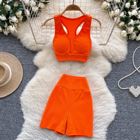 Deep V-neck Vest & Shorts Sportswear 2Pcs