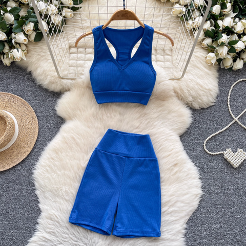 Deep V-neck Vest & Shorts Sportswear 2Pcs