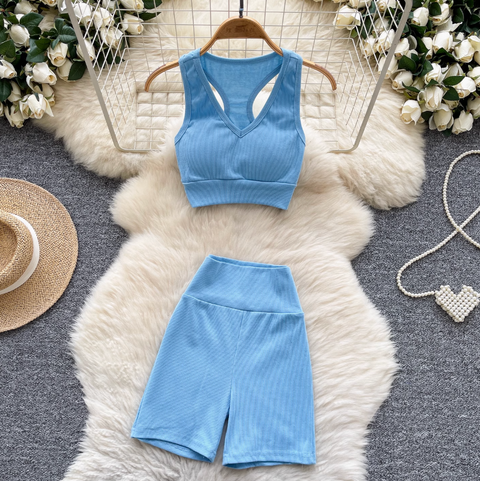Deep V-neck Vest & Shorts Sportswear 2Pcs