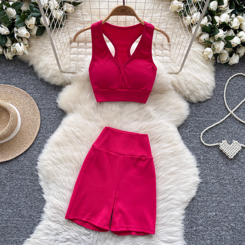 Deep V-neck Vest & Shorts Sportswear 2Pcs