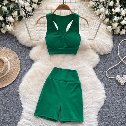 Deep V-neck Vest & Shorts Sportswear 2Pcs