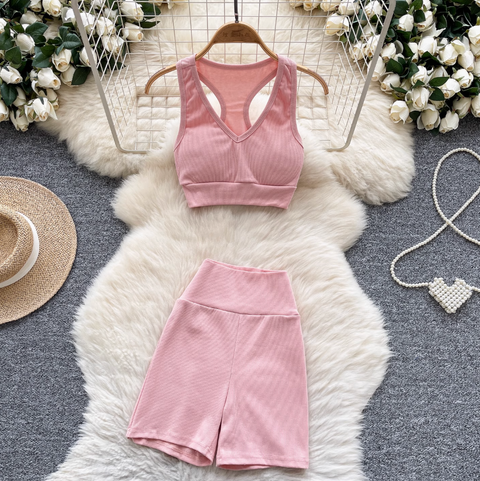 Deep V-neck Vest & Shorts Sportswear 2Pcs