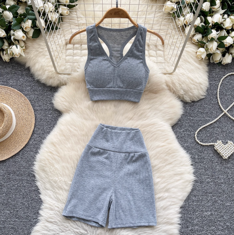 Deep V-neck Vest & Shorts Sportswear 2Pcs