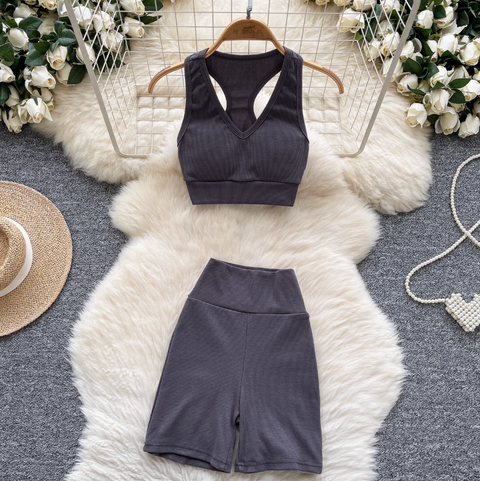 Deep V-neck Vest & Shorts Sportswear 2Pcs