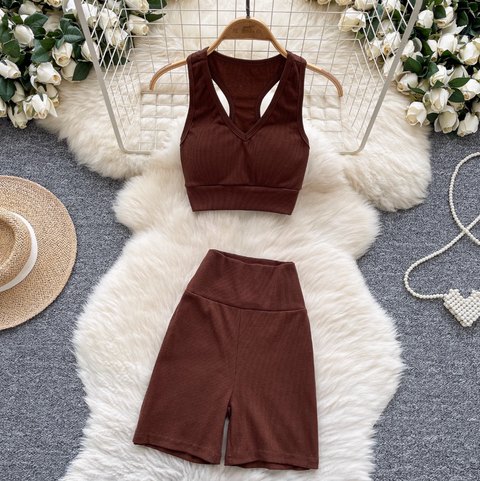 Deep V-neck Vest & Shorts Sportswear 2Pcs