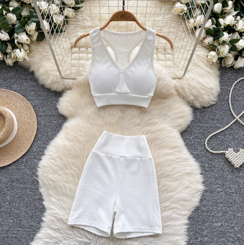 Deep V-neck Vest & Shorts Sportswear 2Pcs