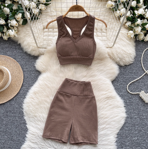 Deep V-neck Vest & Shorts Sportswear 2Pcs