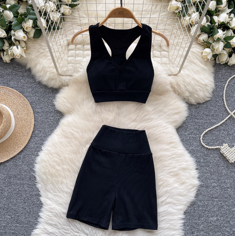Deep V-neck Vest & Shorts Sportswear 2Pcs