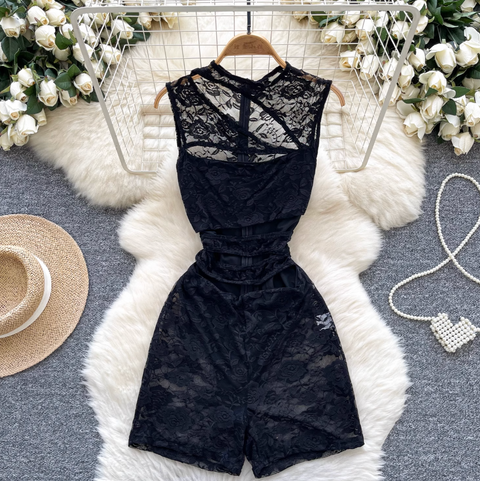 Hollowed See-through Black Lace Rompers