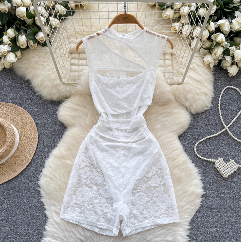 Hollowed See-through Black Lace Rompers