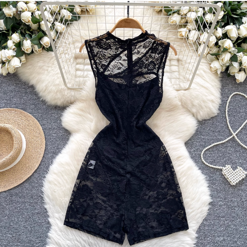 Hollowed See-through Black Lace Rompers