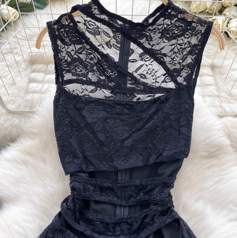 Hollowed See-through Black Lace Rompers