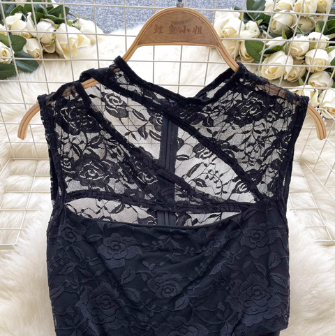 Hollowed See-through Black Lace Rompers