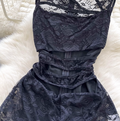 Hollowed See-through Black Lace Rompers