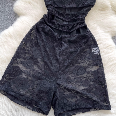 Hollowed See-through Black Lace Rompers