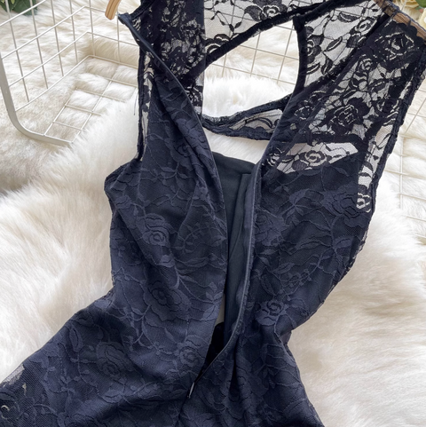 Hollowed See-through Black Lace Rompers