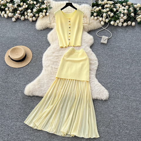 Sleeveless Cardigan & Patchwork Skirt 2Pcs