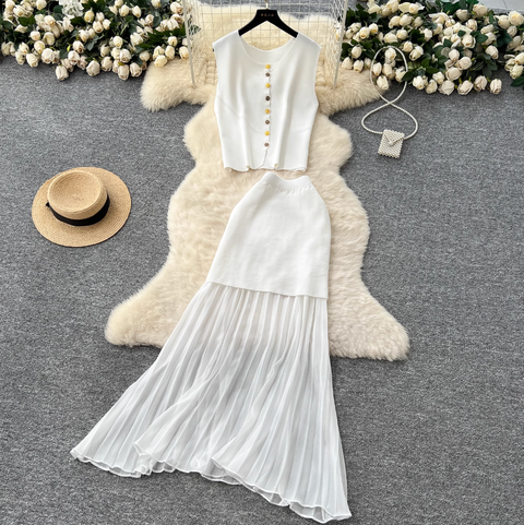 Sleeveless Cardigan & Patchwork Skirt 2Pcs