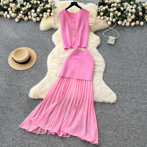 Sleeveless Cardigan & Patchwork Skirt 2Pcs
