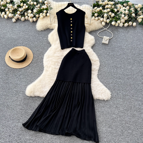 Sleeveless Cardigan & Patchwork Skirt 2Pcs