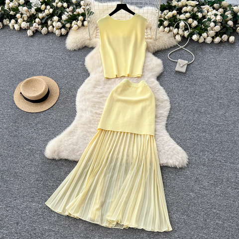 Sleeveless Cardigan & Patchwork Skirt 2Pcs