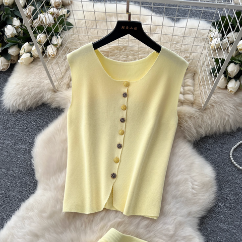 Sleeveless Cardigan & Patchwork Skirt 2Pcs
