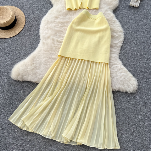 Sleeveless Cardigan & Patchwork Skirt 2Pcs