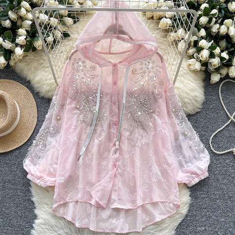 Sequined Embroidery Hooded Sunscreen Top