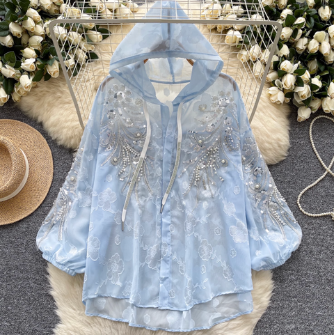 Sequined Embroidery Hooded Sunscreen Top