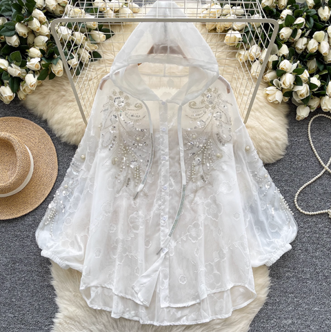 Sequined Embroidery Hooded Sunscreen Top