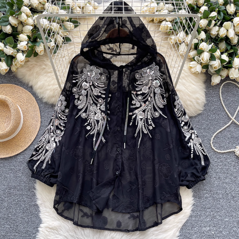 Sequined Embroidery Hooded Sunscreen Top
