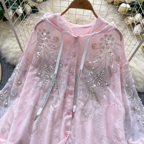 Sequined Embroidery Hooded Sunscreen Top