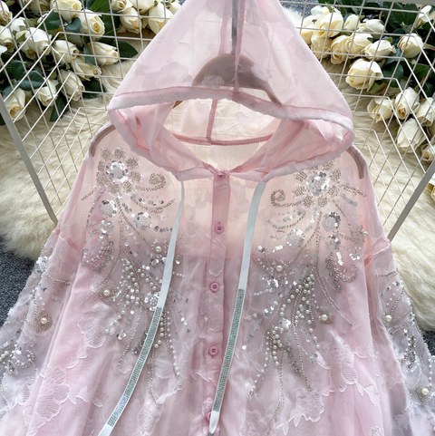 Sequined Embroidery Hooded Sunscreen Top